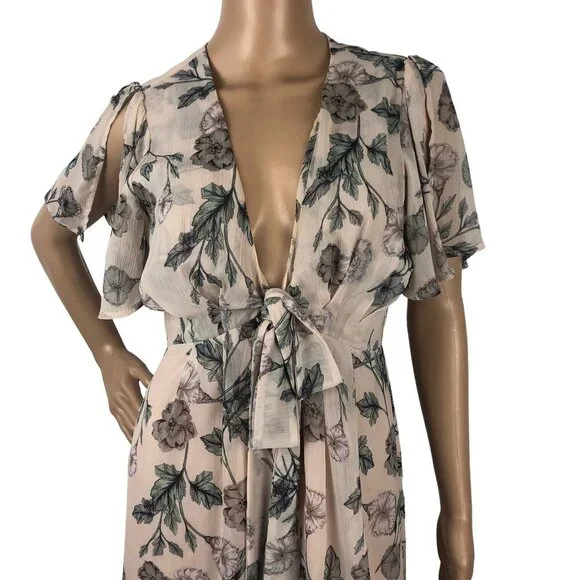 ASTR Boho Floral Print Midi Wrap Dress Short Sleeve V-Neck Sundress Size M Pink - Picture 2 of 8